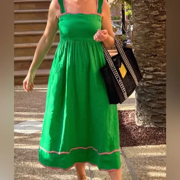 Pink City Prints Parrot Green Linen Sun Dress Pink Scalloped Trim Small S - Picture 2 of 5